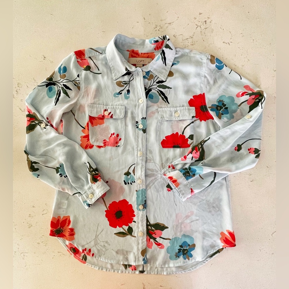LOFT Petites Floral Sheer Button Up Long Sleeve Blouse Small P Baby Blue